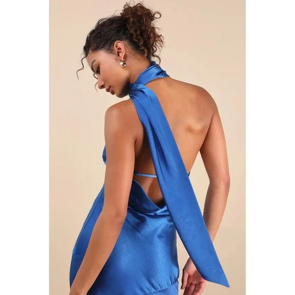 Lulus Reglan Blue Satin One-Shoulder Sash Midi Dress Size XS - Picture 4 of 4